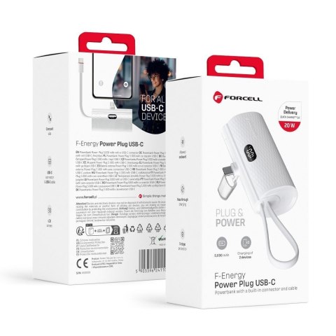 Powerbank Forcell F-Energy Power Plug F5K3 PD 20W 5000 mAh z wbudowanym złączem USB C biały