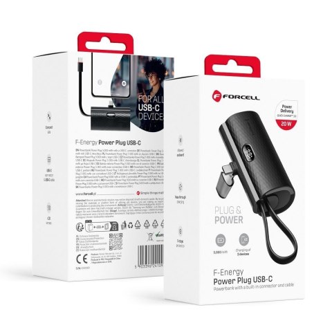 Powerbank Forcell F-Energy Power Plug F5K3 PD 20W 5000 mAh z wbudowanym złączem USB C czarny