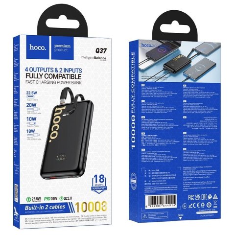 Powerbank Hoco 10000 mAh QC PD 22,5W z wbudowanymi kablami USB C + Lightning Q37 czarny