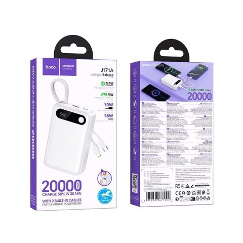 Powerbank Hoco 20000 mAh QC PD 2A 22,5W z wbudowanymi kablami USB C + Lightning J171A biały