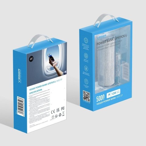 Powerbank Veger PlugOn (W0573P) PD QC3.0 2,4A 12W 5000 mAh z wbudowanym złączem Lightning srebrny