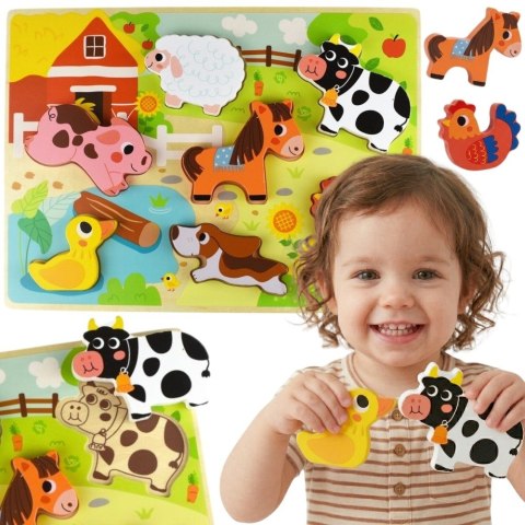 TOOKY TOY Drewniane Puzzle Montessori Zwierzątka Farma Dopasuj Kształty