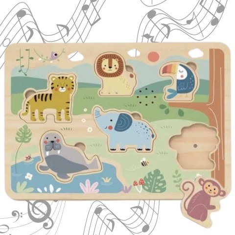 TOOKY TOY Drewniana Układanka Montessori Interaktywne Puzzle Dźwiękowe Dzikie Zwierzęta Safari