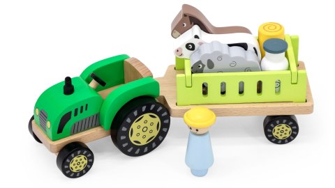 Viga Drewniany Traktor z Przyczepą Figurki Zwierząt Farma Zestaw Edukacyjny