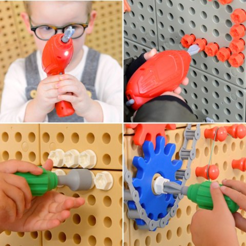 MASTERKIDZ Wolnostojąca Tablica Ściana STEM 166 x 125 cm + Akcesoria Kołki Zębatki Klocki Narzędzia Tor Kulkowy
