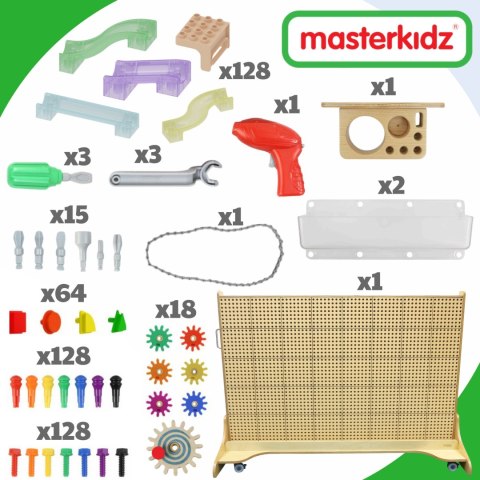 MASTERKIDZ Wolnostojąca Tablica Ściana STEM 166 x 125 cm + Akcesoria Kołki Zębatki Klocki Narzędzia Tor Kulkowy