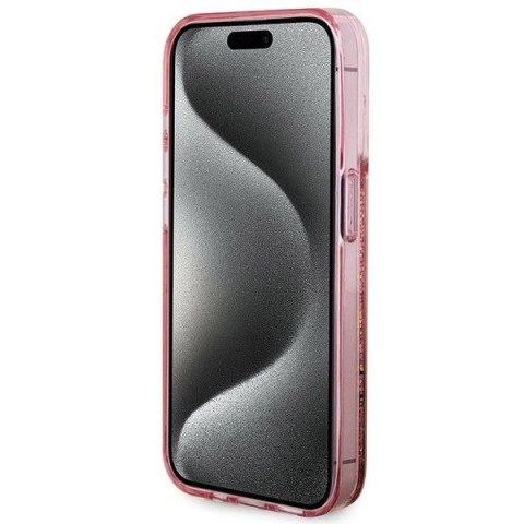 GUESS futerał do IPHONE 15 Pro GUHCP15LLFCSEGP (Liquid Glitter Gold Stripes) różowy