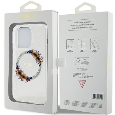 GUESS futerał do IPHONE 15 Pro Max kompatybilny z MagSafe GUHMP15XHFWFCT (Flowers Wreath) transparentny