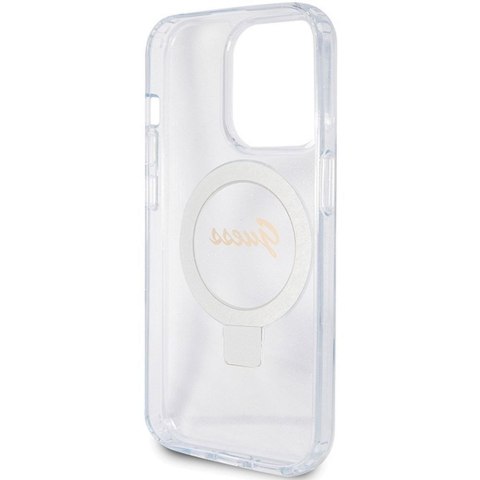 GUESS futerał do IPHONE 15 Pro kompatybilny z MagSafe GUHMP15LHRSGSD (Glitter Script Logo Ring stand) transparentny