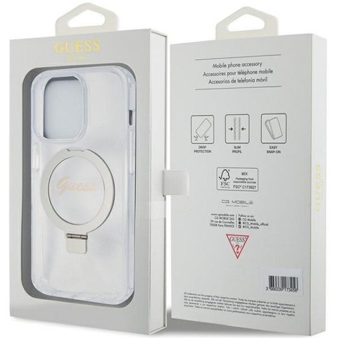 GUESS futerał do IPHONE 15 Pro kompatybilny z MagSafe GUHMP15LHRSGSD (Glitter Script Logo Ring stand) transparentny