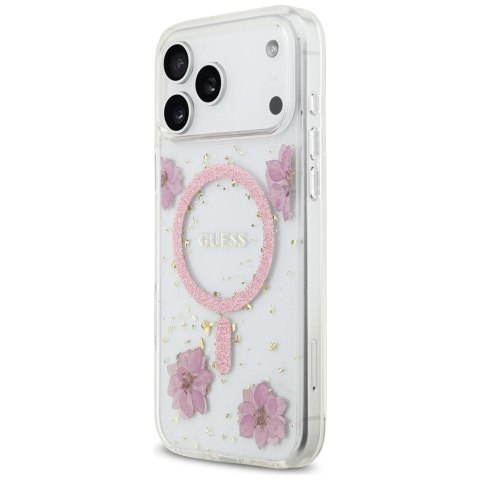 GUESS futerał do IPHONE 17 Pro Max kompatybilny z MagSafe GUHMP17XRBFGFGMP (Resin Flowers and Glitter) różowy
