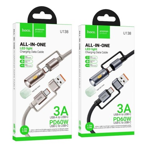 Kabel All-in-one USB A / USB C do USB C / LED Light Hoco 3A 60W 1,2 m U138 czarny