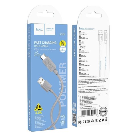 Kabel USB A do USB C Hoco 3A 1 m X107 szary