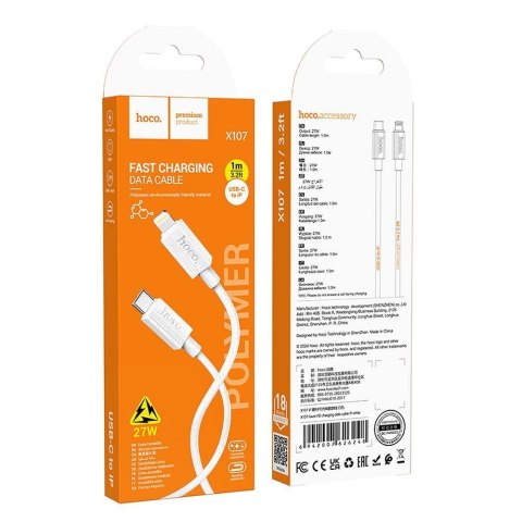 Kabel USB C do Lightning Hoco PD 27W 1 m X107 biały