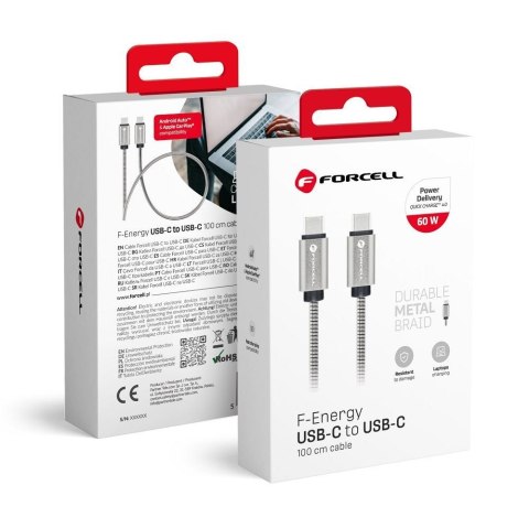 Kabel USB C do USB C Forcell F-Energy QC4.0 PD 3A 60W Metal 1 m C237 srebrny