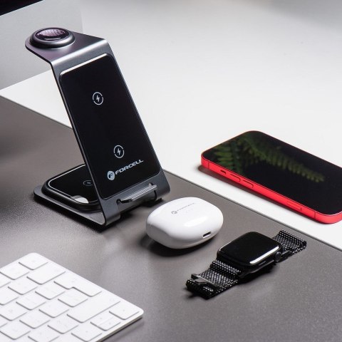 Ładowarka indukcyjna Forcell F-Energy 3w1 Simply Charge aluminiowa kompatybilna z Apple Watch i Samsung Watch szara