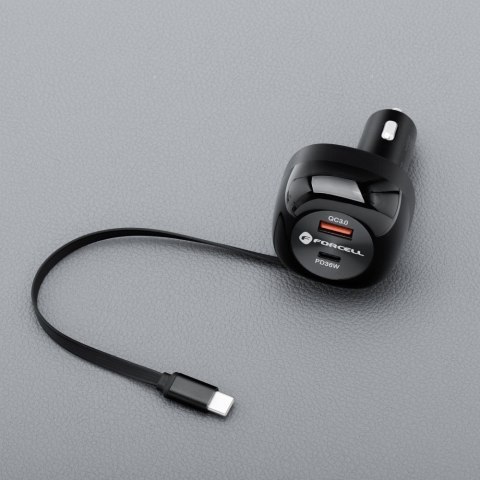 Ładowarka samochodowa Forcell F-Energy Alu USB C + USB A + zwijany kabel USB C PD QC4.0 SFC2.0 3A 75W czarna