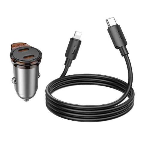 Ładowarka samochodowa Hoco 2 x USB C QC PD 45W + kabel USB C do Lightnning NZ16B szara