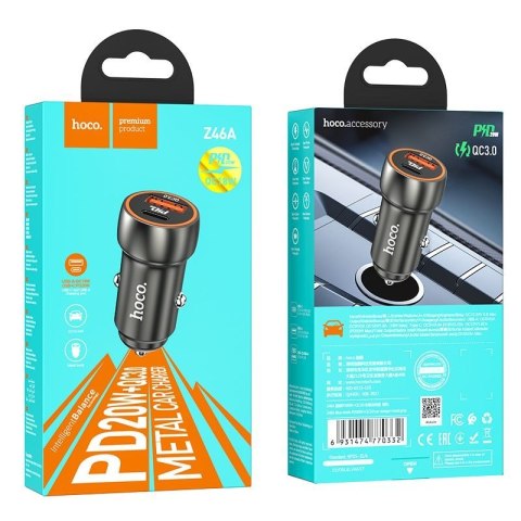 Ładowarka samochodowa Hoco USB A + USB C QC3.0 PD 20W Z46A szary