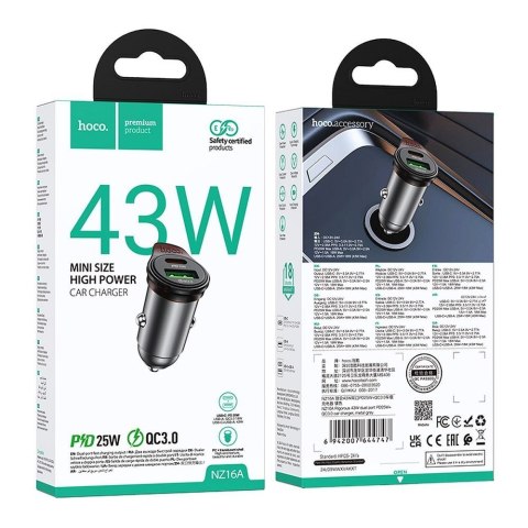 Ładowarka samochodowa Hoco USB A + USB C QC3.0 PD 43W NZ16A szara