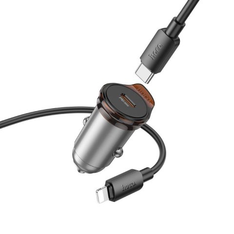 Ładowarka samochodowa Hoco USB C QC PD 30W + kabel USB C do Lightning NZ16 szara