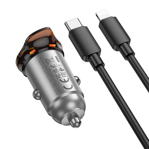 Ładowarka samochodowa Hoco USB C QC PD 30W + kabel USB C do Lightning NZ16 szara