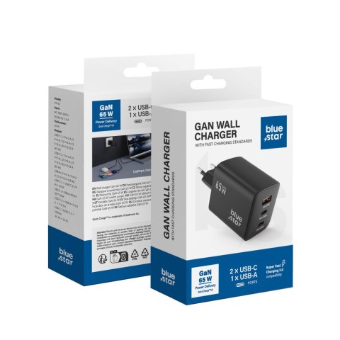 Ładowarka sieciowa do telefonu Blue Star GaN 2 x USB C + USB A QC4.0 PD 4A 65W VT-43 czarna