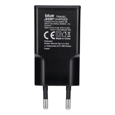 Ładowarka sieciowa do telefonu Blue Star Slim GaN USB QC4.0 PD 3A 20W TFK-SC-20WPD czarna