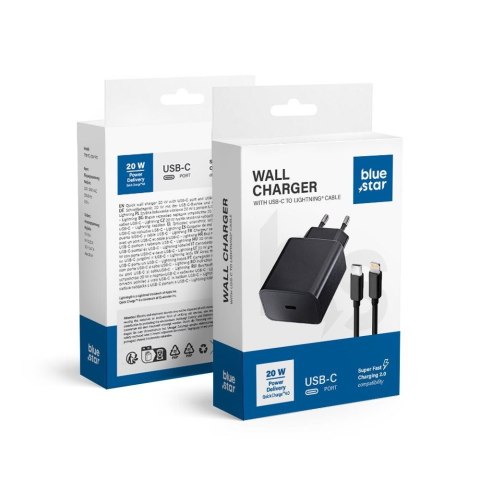 Ładowarka sieciowa do telefonu Blue Star USB C QC4.0 PD 3A 20W + kabel USB C do Lightning TFB-TC-20WPD czarna