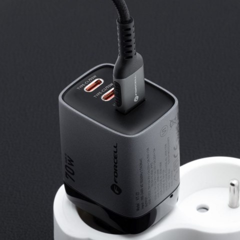 Ładowarka sieciowa do telefonu Forcell F-Energy GaN III 2 x USB C + USB A QC4.0 3,45A PD 70W SAM SFC2.0 z wyświetlaczem LCD VT-3