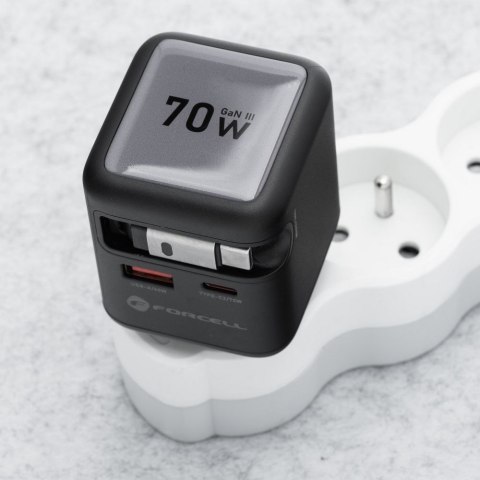 Ładowarka sieciowa do telefonu Forcell F-Energy GaN USB C + USB A + zwijany kabel USB C PD QC4.0 3A 70W VT-R7 szara