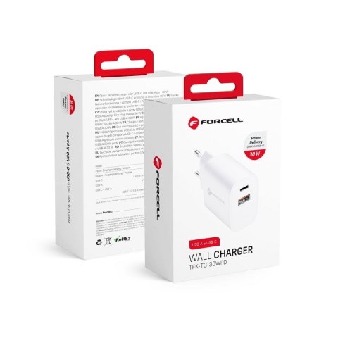 Ładowarka sieciowa do telefonu Forcell F-Energy USB C + USB A QC4.0 PD 3A 30W TFK-TC-30WPD biała