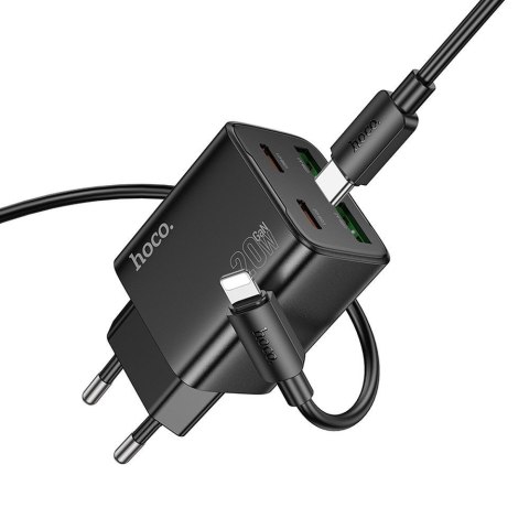 Ładowarka sieciowa do telefonu Hoco 2 x USB C + 2 x USB A QC3.0 PD 3A 20W + kabel USB C do Lightning N55 czarna