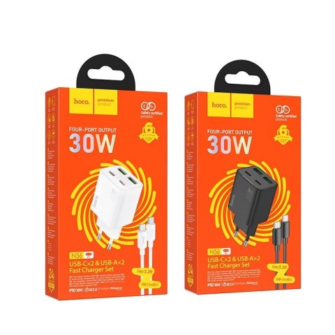 Ładowarka sieciowa do telefonu Hoco 2 x USB C + 2 x USB A QC3.0 PD 3A 30W + kabel USB C do USB C N56 biała