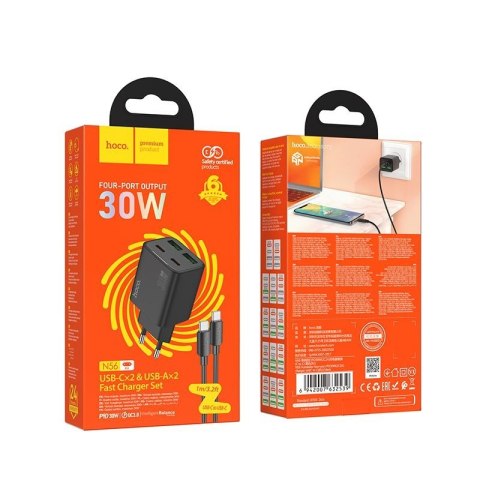 Ładowarka sieciowa do telefonu Hoco 2 x USB C + 2 x USB A QC3.0 PD 3A 30W + kabel USB C do USB C N56 czarna