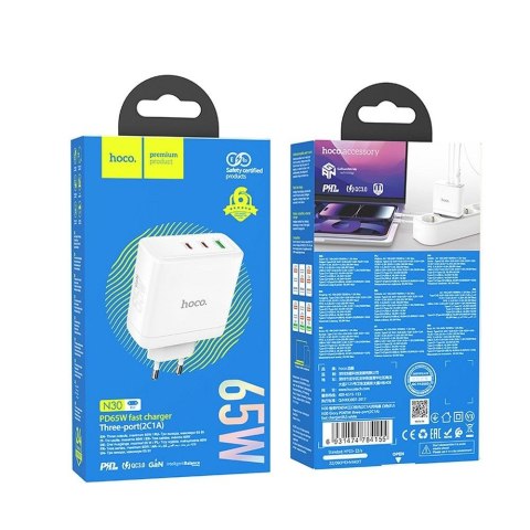 Ładowarka sieciowa do telefonu Hoco 2 x USB C + USB A GaN QC PD 65W N30 biała