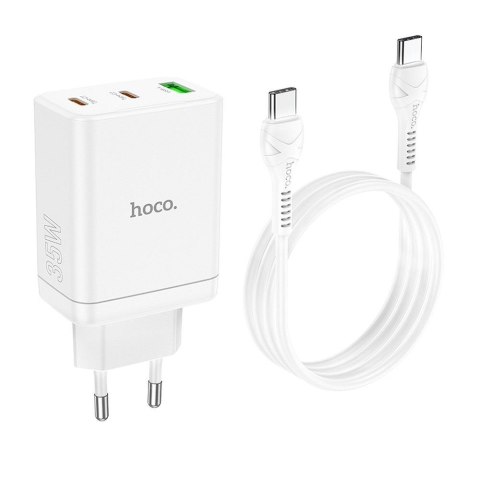 Ładowarka sieciowa do telefonu Hoco 2 x USB C + USB A QC3.0 PD 3A 35W + kabel USB C do USB C N33 biała