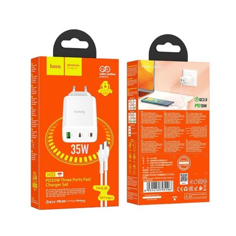 Ładowarka sieciowa do telefonu Hoco 2 x USB C + USB A QC3.0 PD 3A 35W + kabel USB C do USB C N33 biała