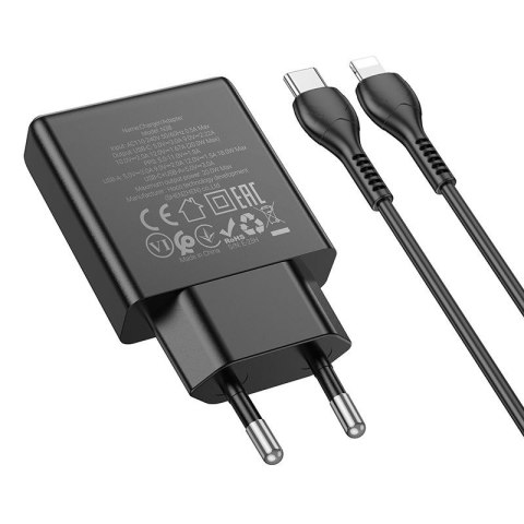 Ładowarka sieciowa do telefonu Hoco Slim USB A + USB C QC3.0 PD 3A 20W + kabel USB C do Lightning N38 czarna
