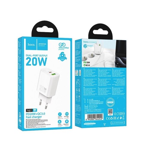 Ładowarka sieciowa do telefonu Hoco USB A + USB C QC3.0 PD 3A 20W N61 biała