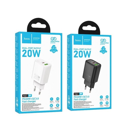 Ładowarka sieciowa do telefonu Hoco USB A + USB C QC3.0 PD 3A 20W N61 biała