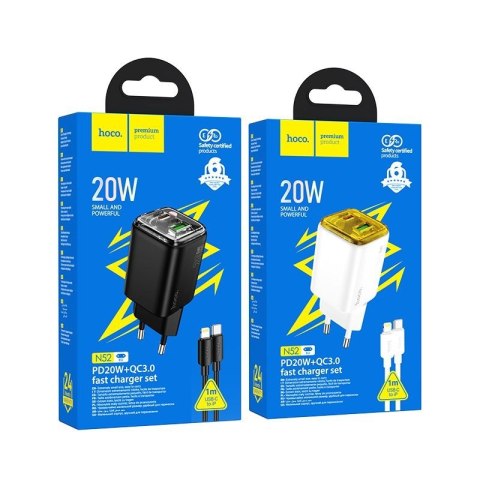 Ładowarka sieciowa do telefonu Hoco USB A + USB C QC3.0 PD 3A 20W + kabel USB C do Lightning N52 biała