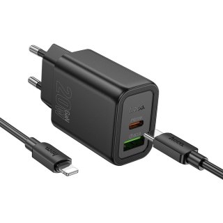 Ładowarka sieciowa do telefonu Hoco USB A + USB C QC3.0 PD 3A 20W + kabel USB C do Lightning N61 czarna