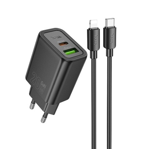 Ładowarka sieciowa do telefonu Hoco USB A + USB C QC3.0 PD 3A 20W + kabel USB C do Lightning N61 czarna