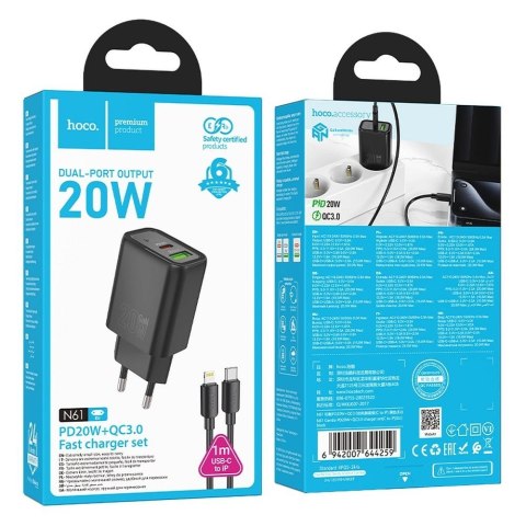 Ładowarka sieciowa do telefonu Hoco USB A + USB C QC3.0 PD 3A 20W + kabel USB C do Lightning N61 czarna