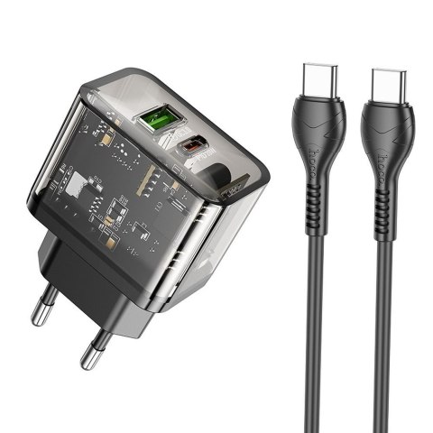 Ładowarka sieciowa do telefonu Hoco USB A + USB C QC3.0 PD 3A 20W + kabel USB C do USB C N34 transparentna