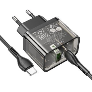 Ładowarka sieciowa do telefonu Hoco USB A + USB C QC3.0 PD 3A 20W + kabel USB C do USB C N34 transparentna