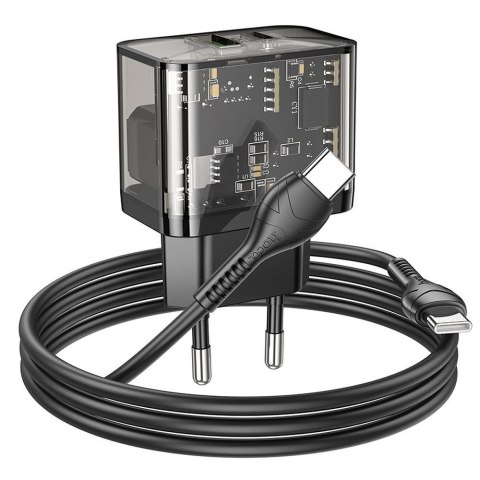 Ładowarka sieciowa do telefonu Hoco USB A + USB C QC3.0 PD 3A 20W + kabel USB C do USB C N34 transparentna