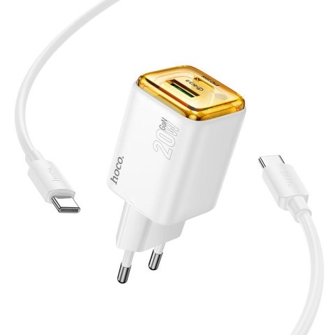 Ładowarka sieciowa do telefonu Hoco USB A + USB C QC3.0 PD 3A 20W + kabel USB C do USB C N52 biała