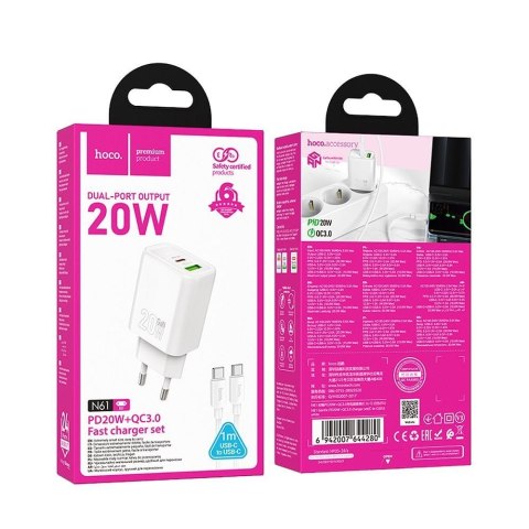 Ładowarka sieciowa do telefonu Hoco USB A + USB C QC3.0 PD 3A 20W + kabel USB C do USB C N61 biała